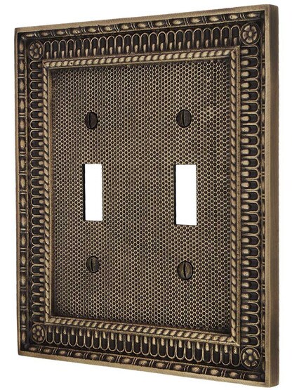 Pisano Double Gang Toggle Switch Plate in Antique Brass.